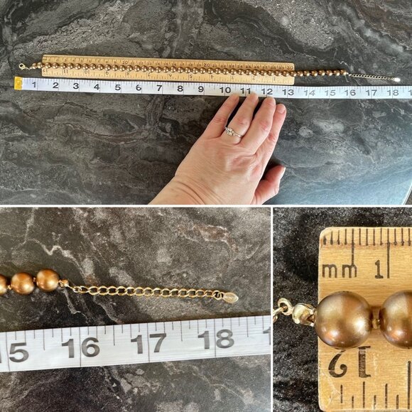 Monet Bronze Colored Faux Pearl Bead Necklace 16 to 18" w/ 8mm Beads Extender - Picture 6 of 9